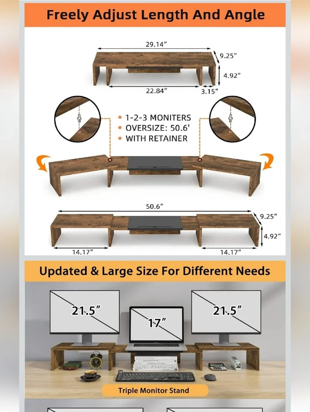 Rustic Brown Triple Computer Laptop Monitor Stand